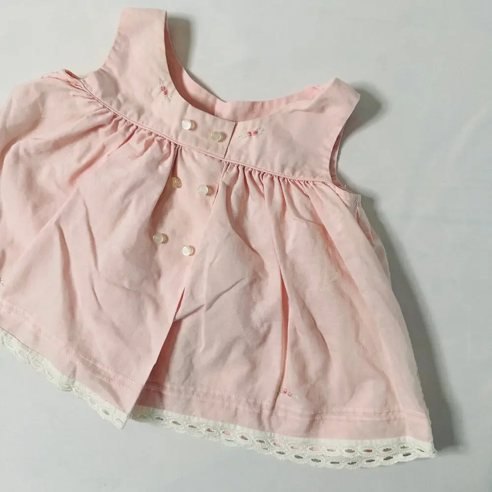 Vintage Pink Floral Embroidered Eyelit Trim Sleeveless Babydoll Dress Sz 0-3 mo